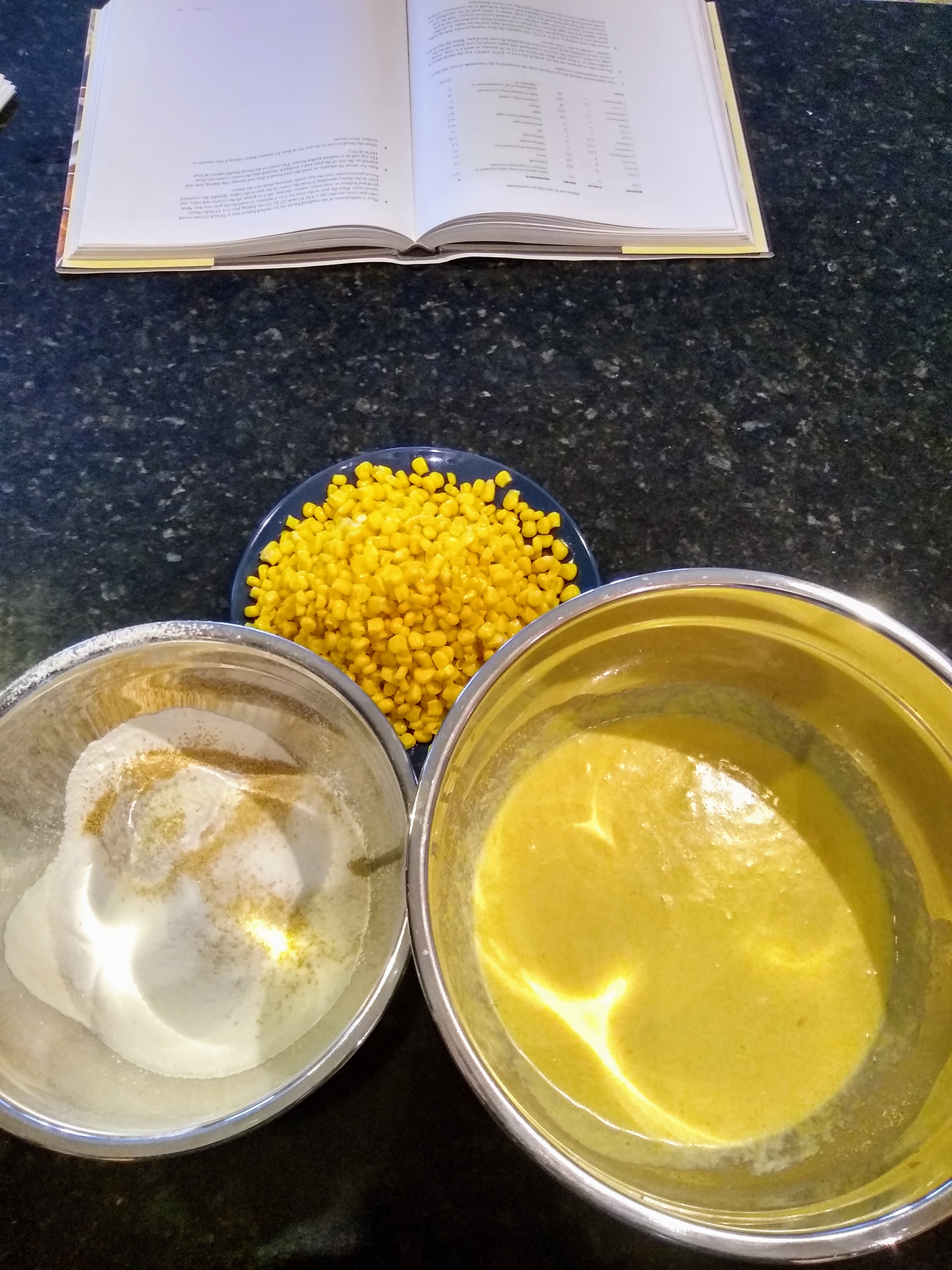 Wet and dry ingredients for corn bread, about ot be mixed