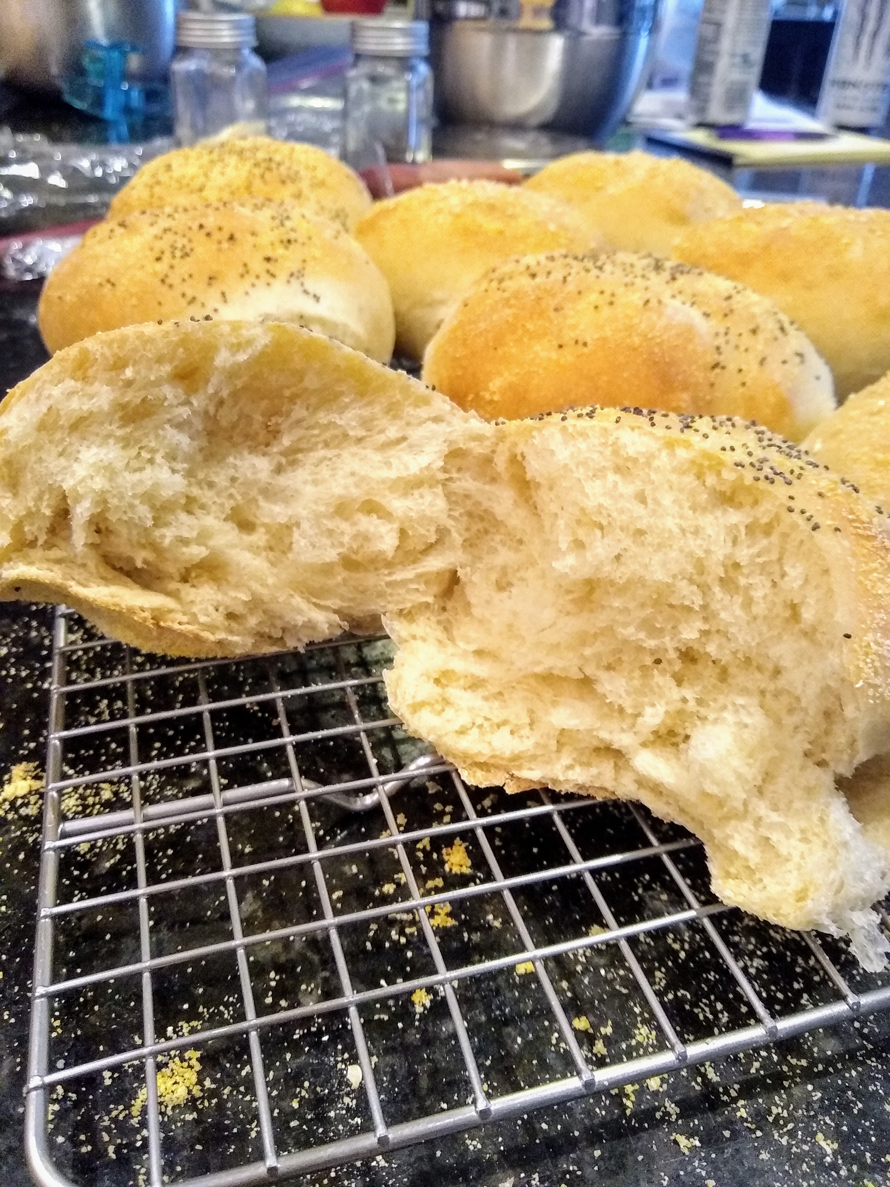 Finished kaiser buns, with crumb
