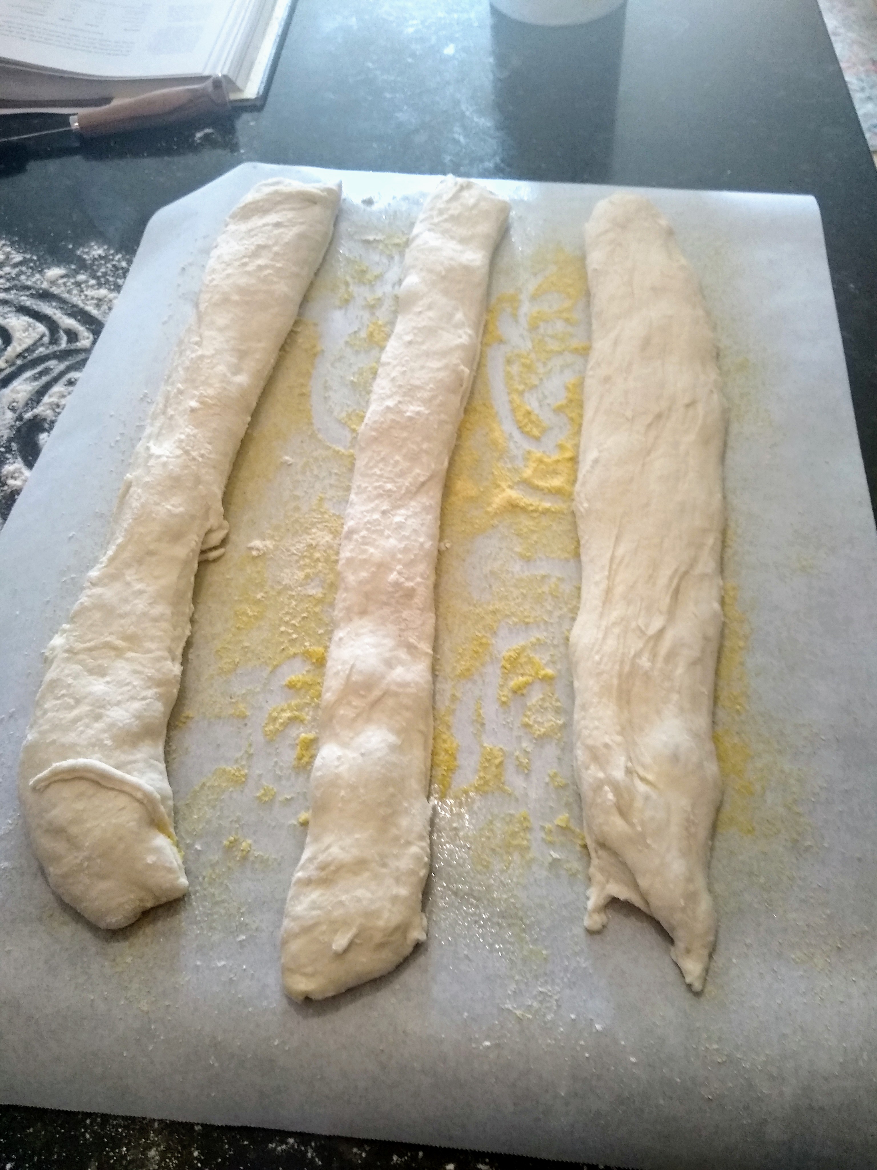 Dough shaped into three baguettes