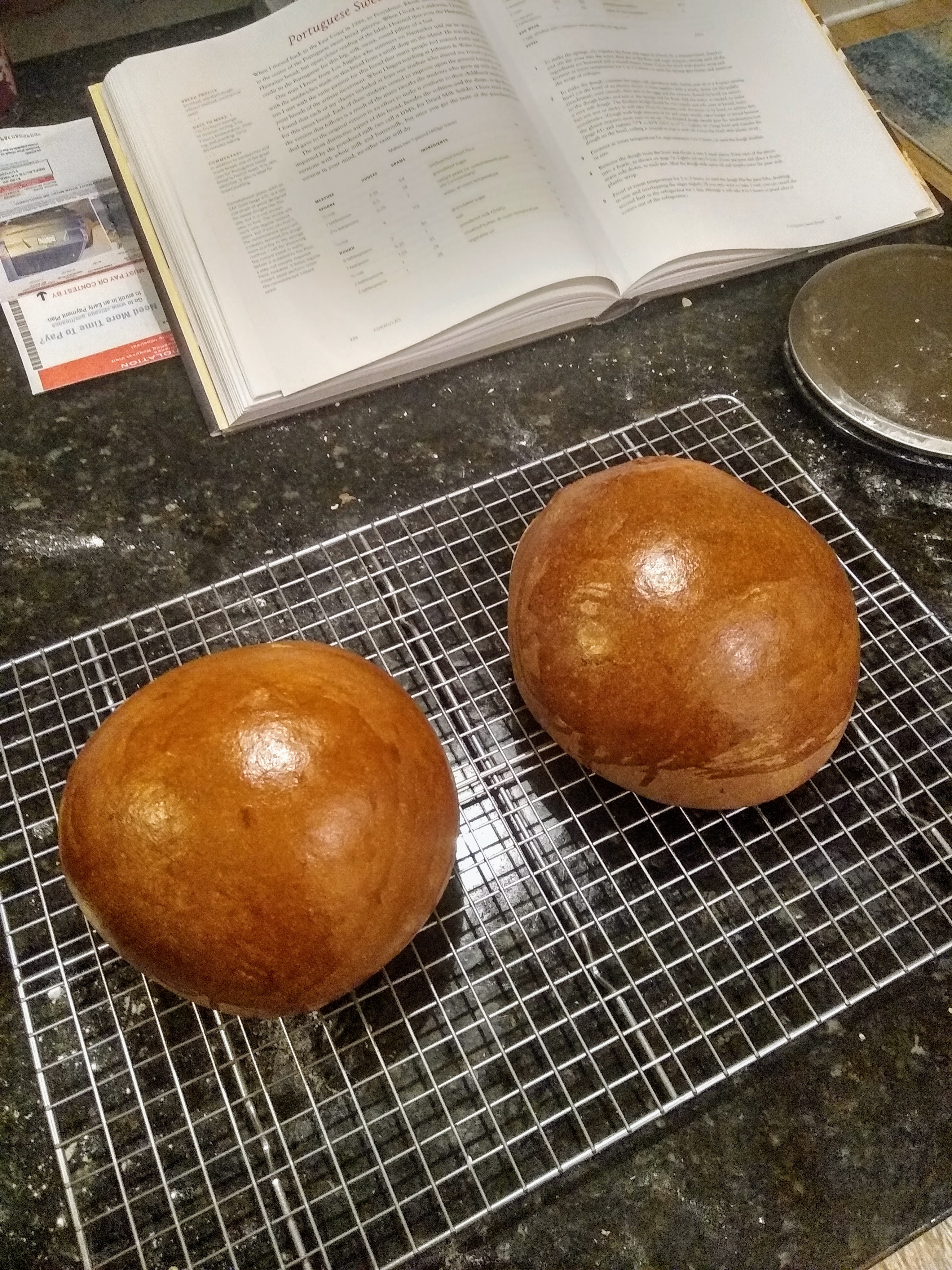 Two mahogany-colored loaves of Portugese sweet bread
