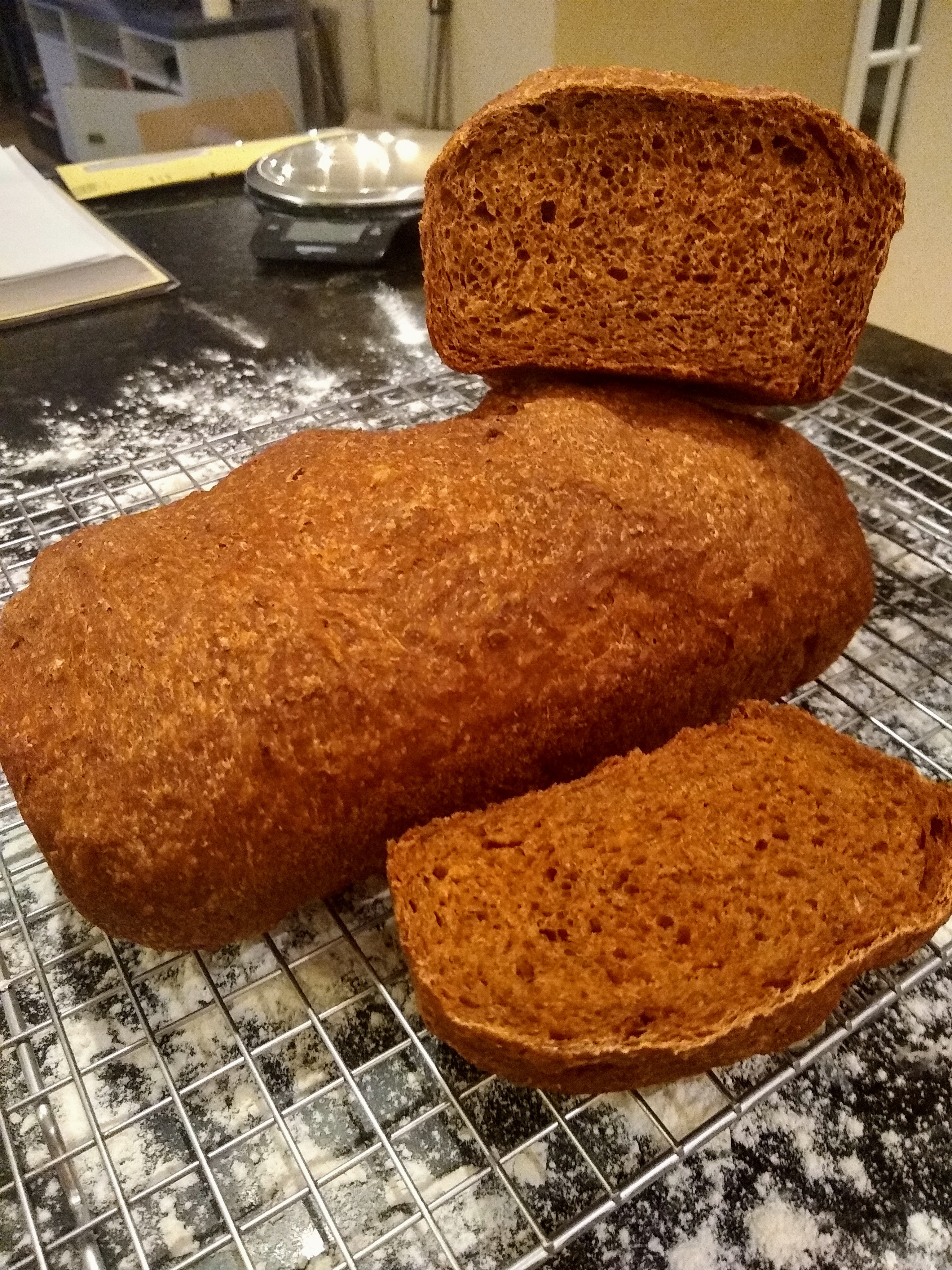 Finished loaves of pumpernickel bread.