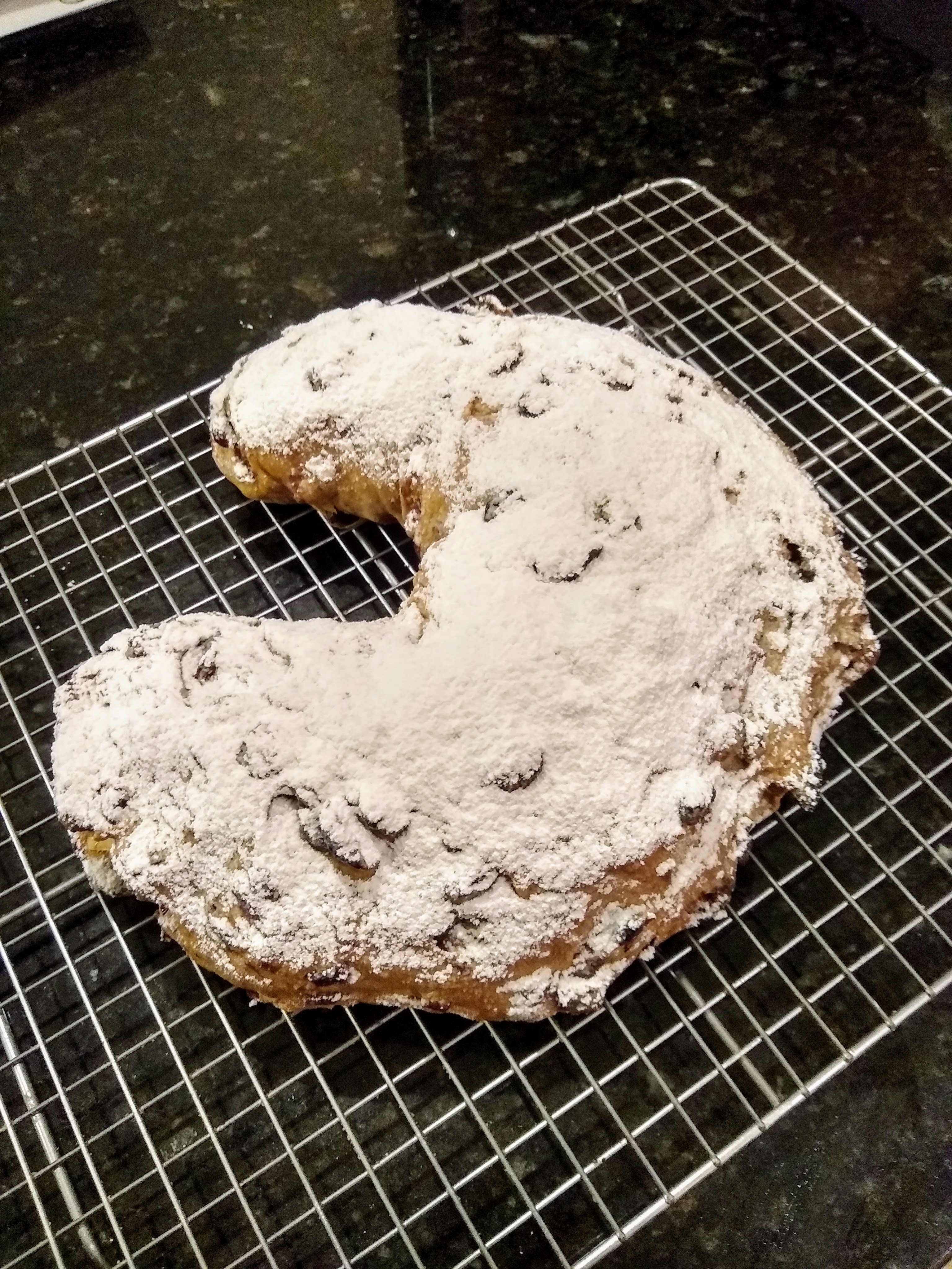 Completed stollen, dusted in powdered sugar