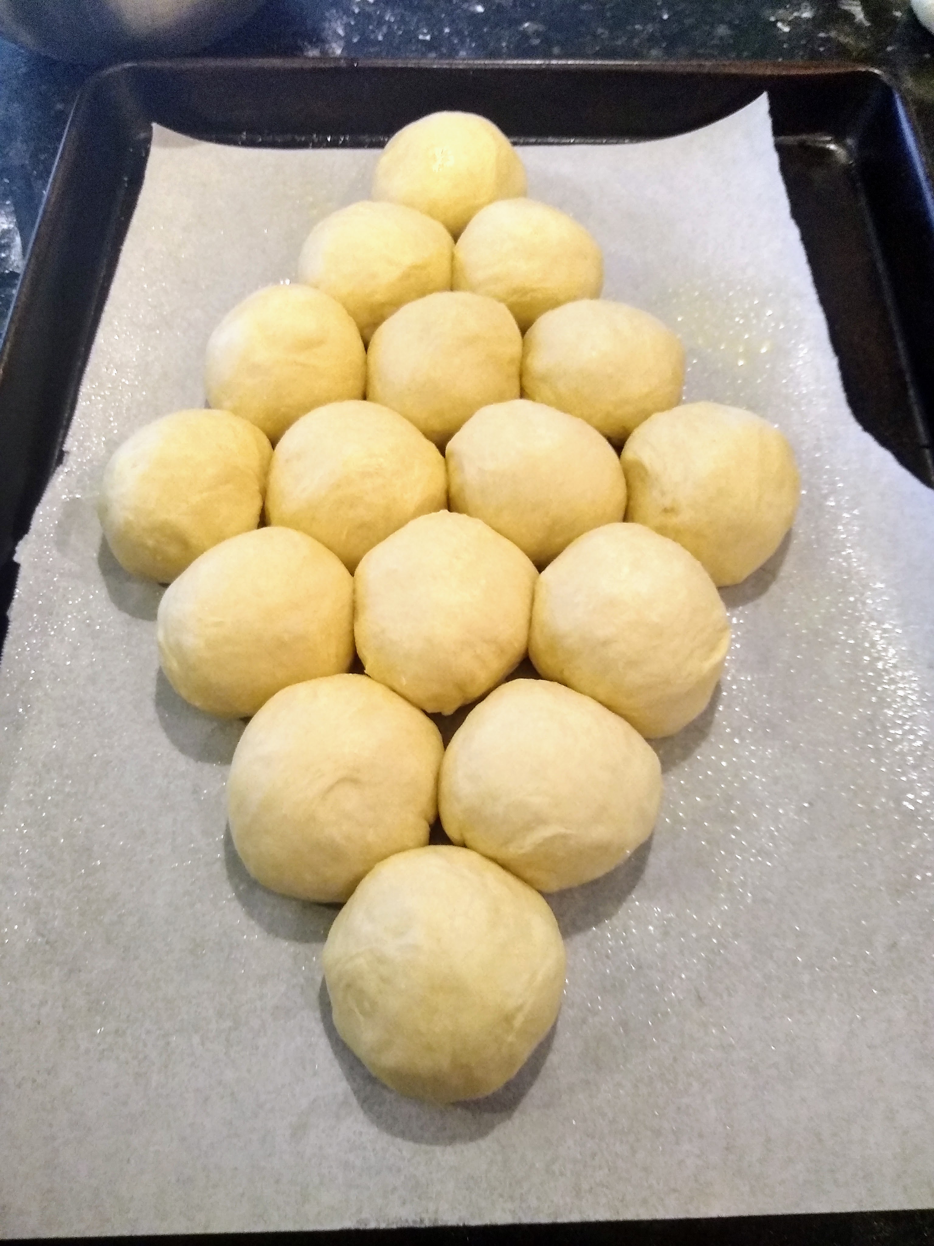 Dinner bread rolls arranged and ready to proof