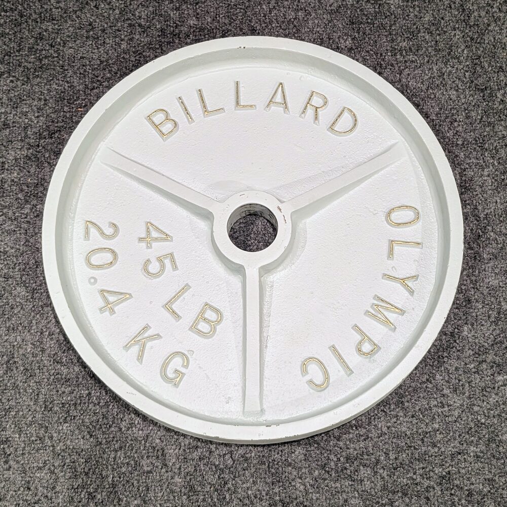 White-painted Billard Olympic 45 lb plate with engraved lettering