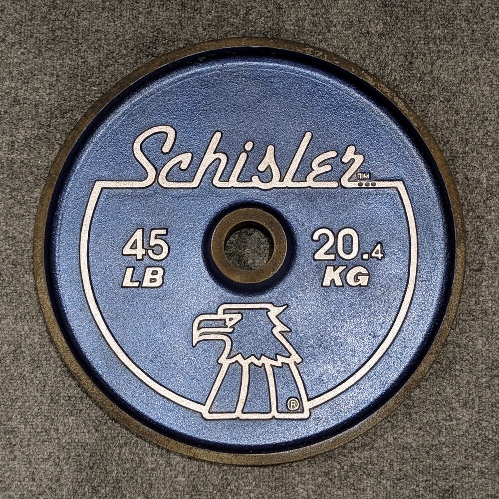 Blue Schisler eagle-head 45 lb plate with script logo and eagle graphic