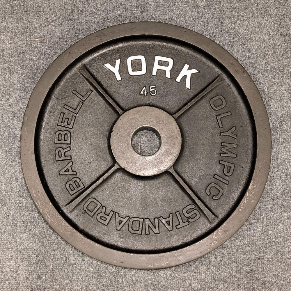 York Barbell Olympic Standard 45 lb plate with white YORK lettering and raised center hub